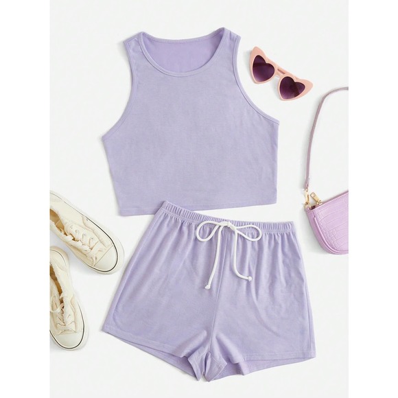 black two piece set: Crop Tank Top & Knot Front Shorts athleisure - Picture 10 of 11